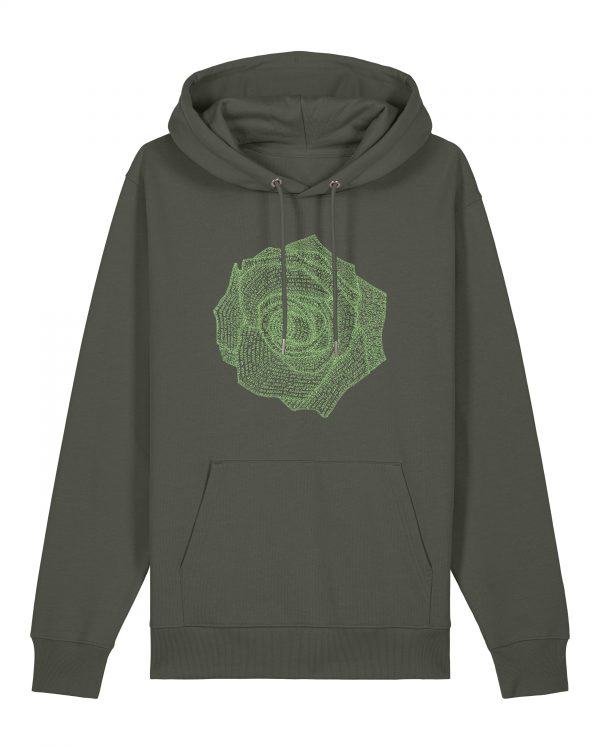 Hoodie – kaki met lichtgroene roos opdruk